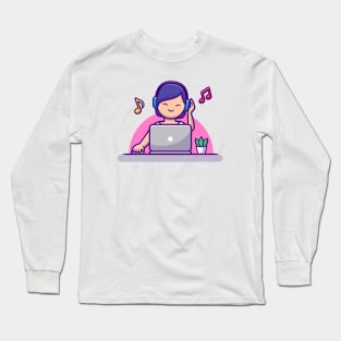 Girl Listening Music With Headphone And Laptop Long Sleeve T-Shirt